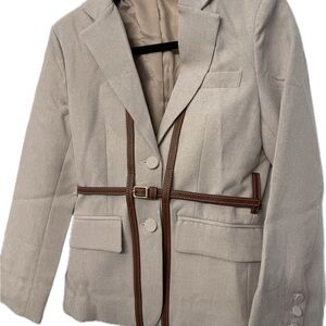 Women's Beige Blazer with Brown faux leather Accents
